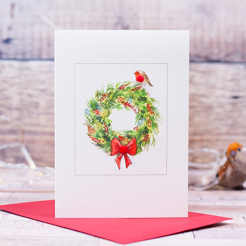 Christmas wreath and Robin Christmas card