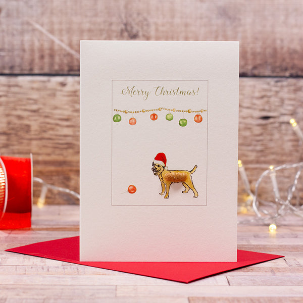 Border Terrier and baubles Christmas card