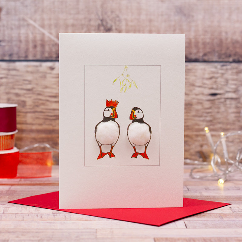 Puffins under the Mistletoe Christmas card