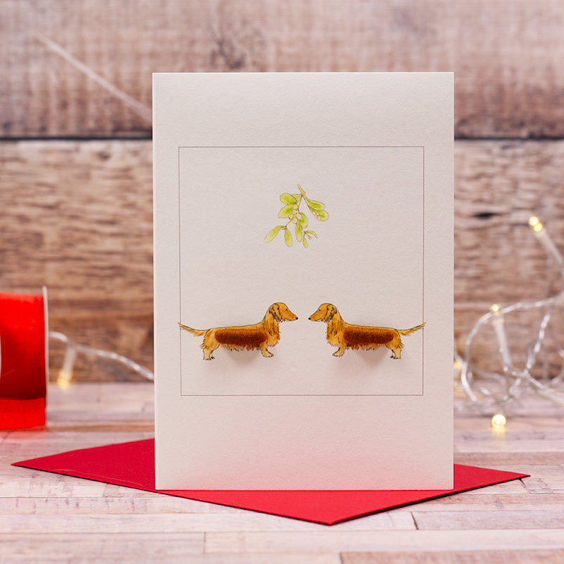 Red Dachshunds under the Mistletoe Christmas card
