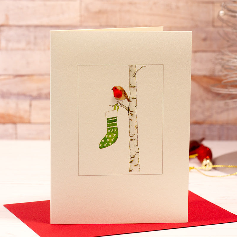 Robin with Stocking Christmas card