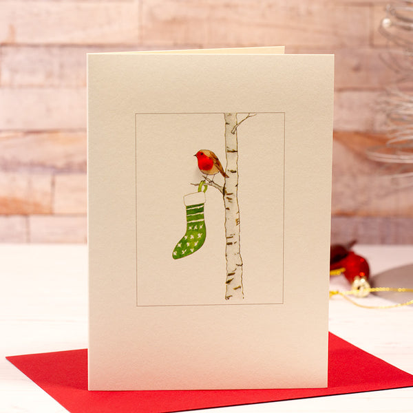 Robin with Stocking Christmas card