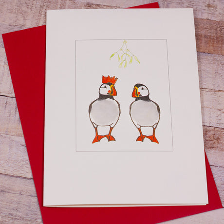 Puffins under the Mistletoe Christmas card
