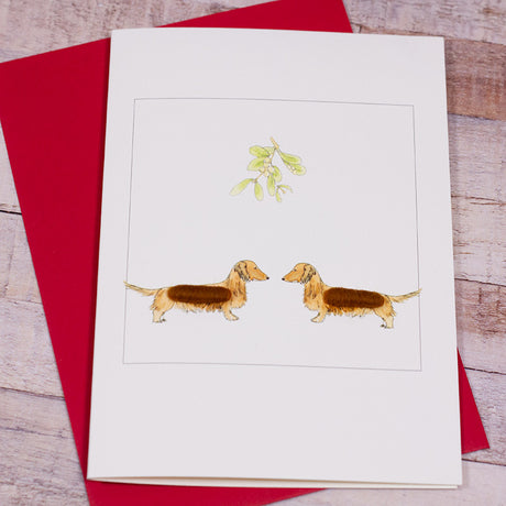 Red Dachshunds under the Mistletoe Christmas card