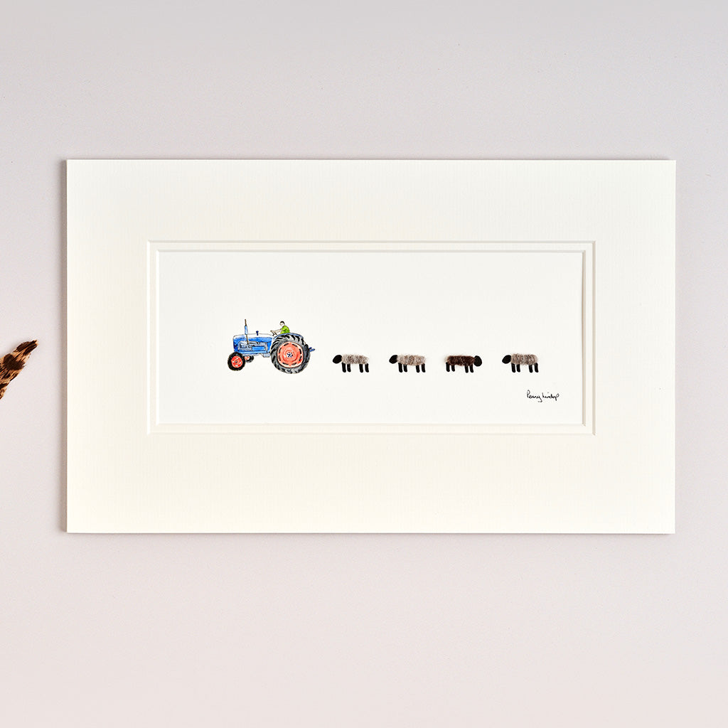 Blue Ford Tractor and Sheep bespoke Print - Medium