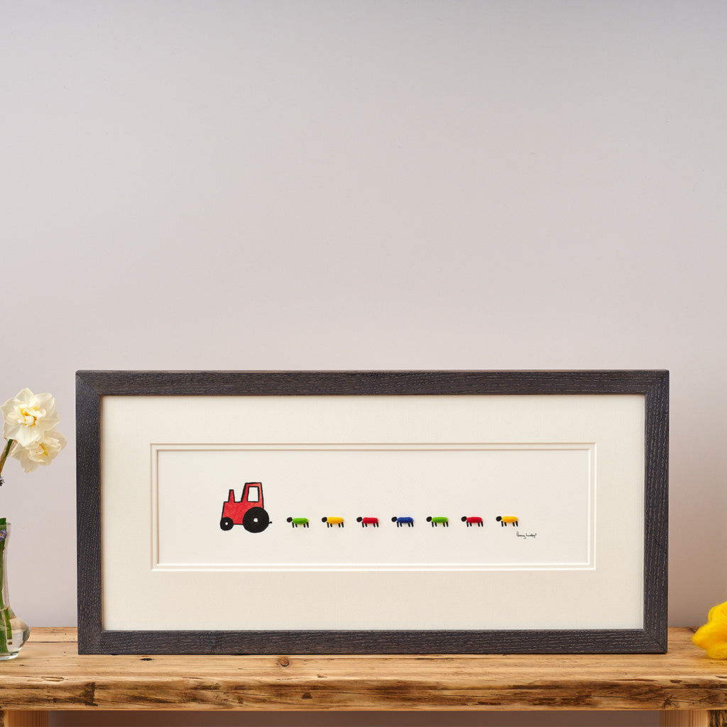 Red Nursery Tractor and Sheep Christening Print - Long
