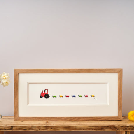 Red Nursery Tractor and Sheep Christening Print - Long