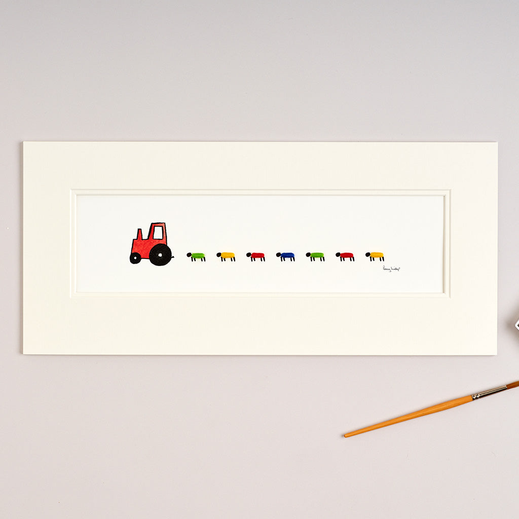 Red Nursery Tractor and Sheep Christening Print - Long