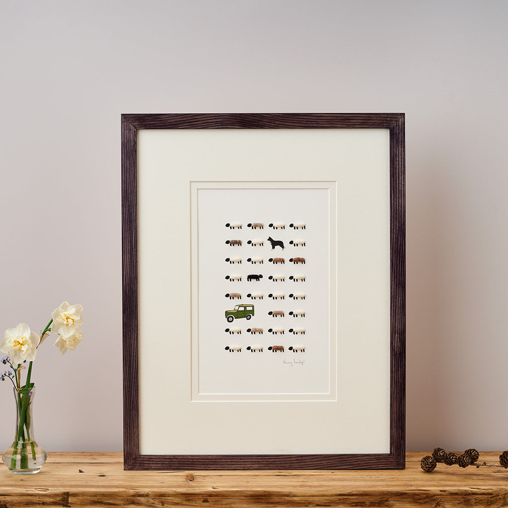 Limited Edition Hand Finished Print Of Sheep, Collie and Utility Vehicle