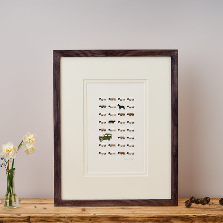 Limited Edition Hand Finished Print Of Sheep, Collie and Utility Vehicle