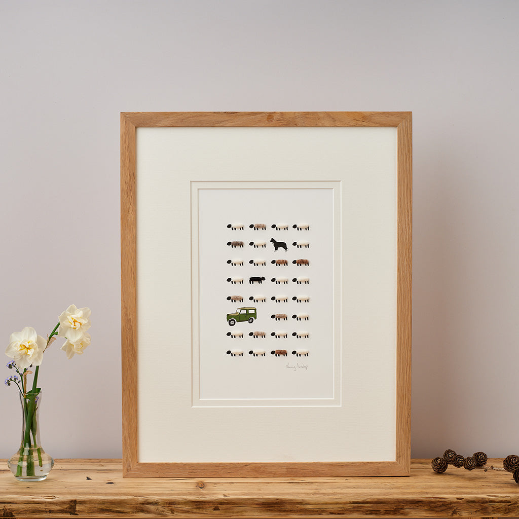 Limited Edition Hand Finished Print Of Sheep, Collie and Utility Vehicle