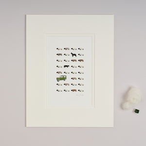 Limited Edition Hand Finished Print Of Sheep, Collie and Utility Vehicle