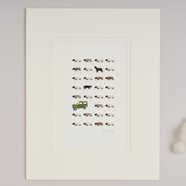Limited Edition Hand Finished Print Of Sheep, Collie and Utility Vehicle