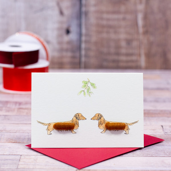 Mini Christmas Dachshunds under the Mistletoe card
