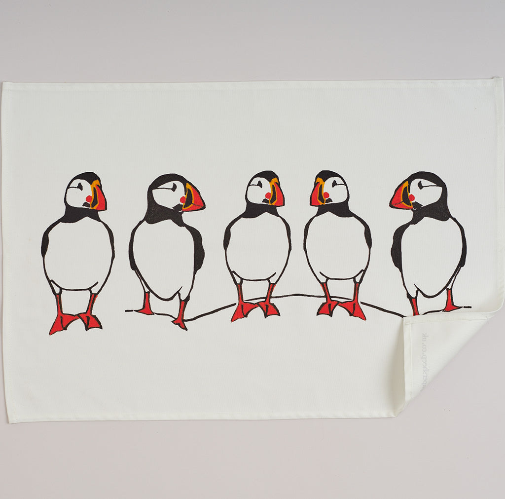 Tea Towel featuring 5 Puffins in a row