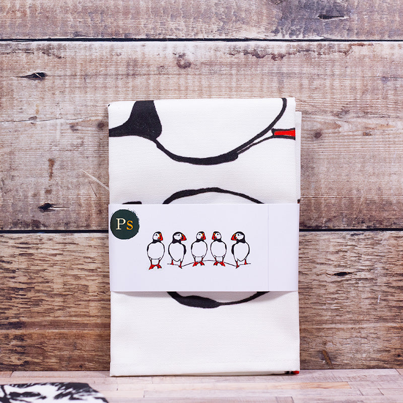 Tea Towel featuring 5 Puffins in a row