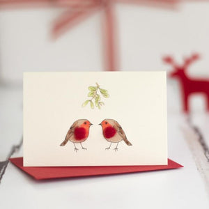 Mini Christmas Robins under Mistletoe card