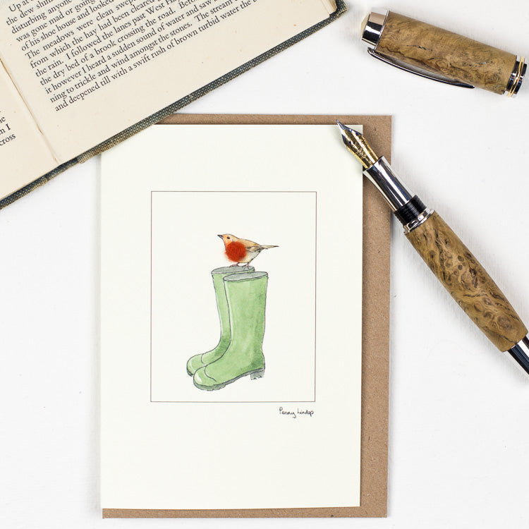 Robin on Wellies greetings card
