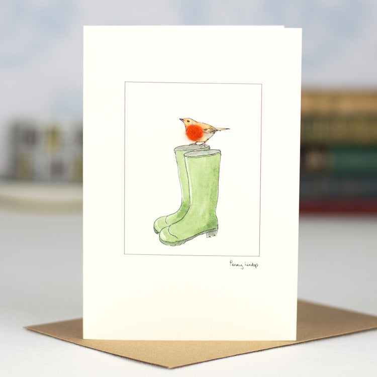 Robin on Wellies greetings card