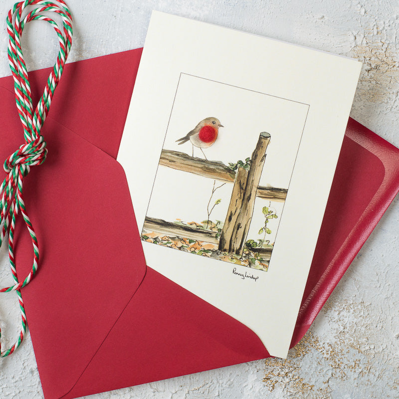 Robin on a fence Christmas card