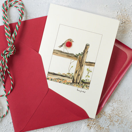 Robin on a fence Christmas card