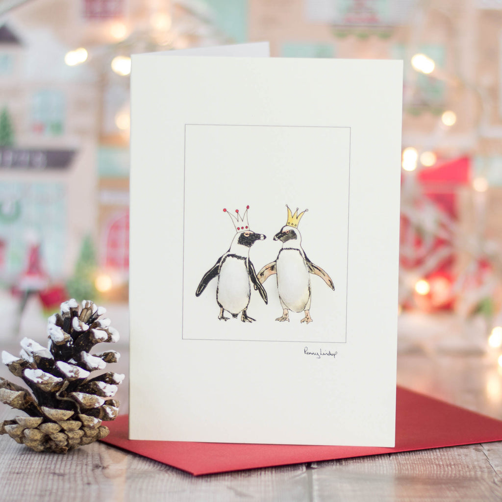 Penguins in crowns Christmas card