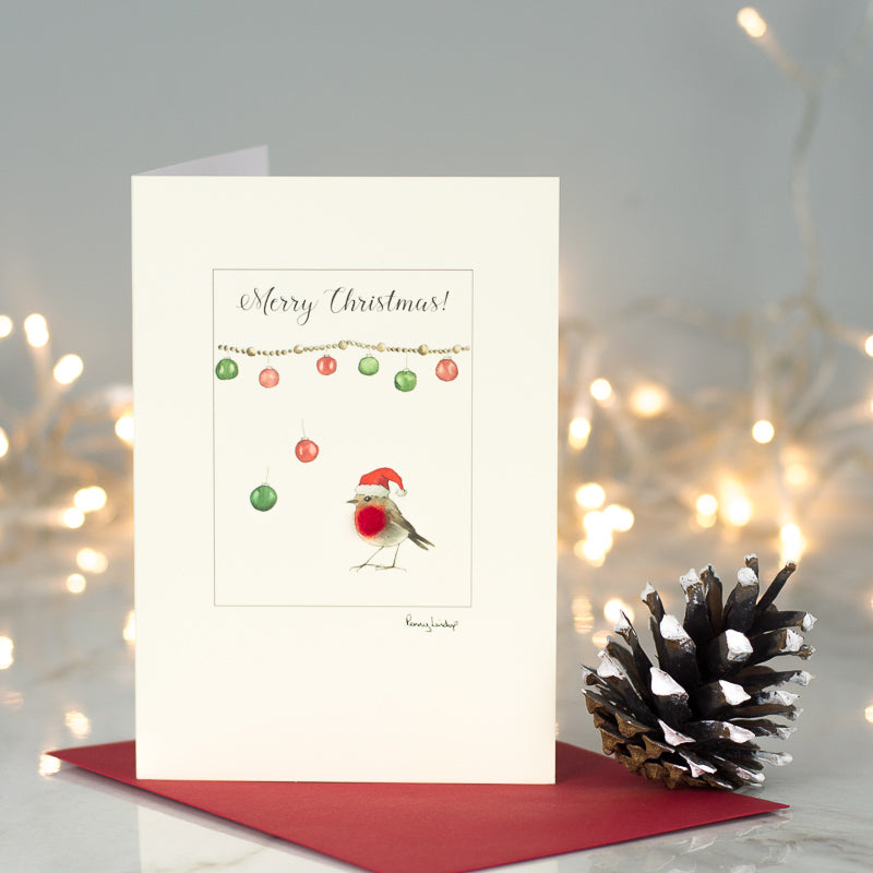 Robin under a string of baubles Christmas card