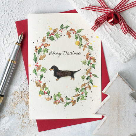 Dachsund and wreath Christmas card