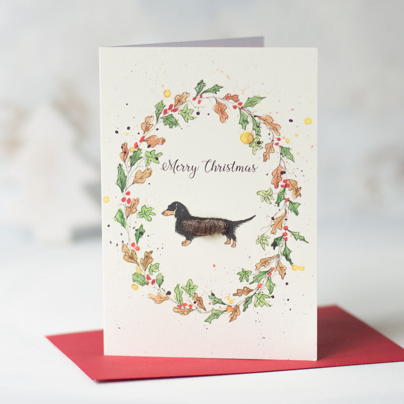 Dachsund and wreath Christmas card