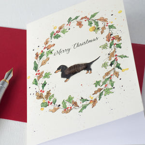 Dachsund and wreath Christmas card