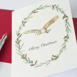 Owl and wreath Christmas card