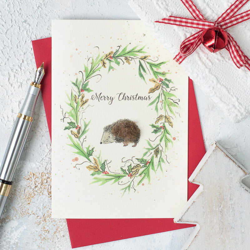 Hedgehog and wreath Christmas card