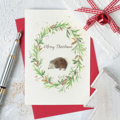 Hedgehog and wreath Christmas card