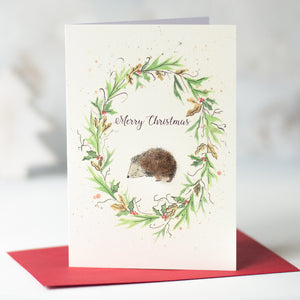 Hedgehog and wreath Christmas card