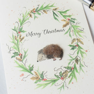 Hedgehog and wreath Christmas card