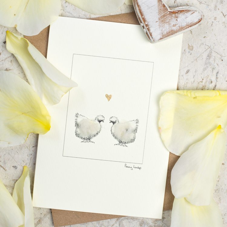 Chicken greeting card - Silkies and Heart