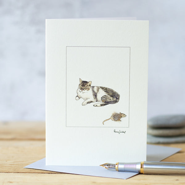 Grey and White Cat and Mouse greetings card