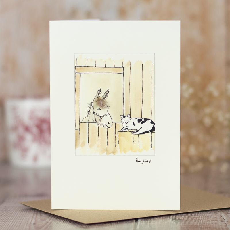 Cat & Donkey In Stable greetings card