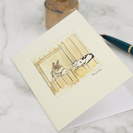 Cat & Donkey In Stable greetings card
