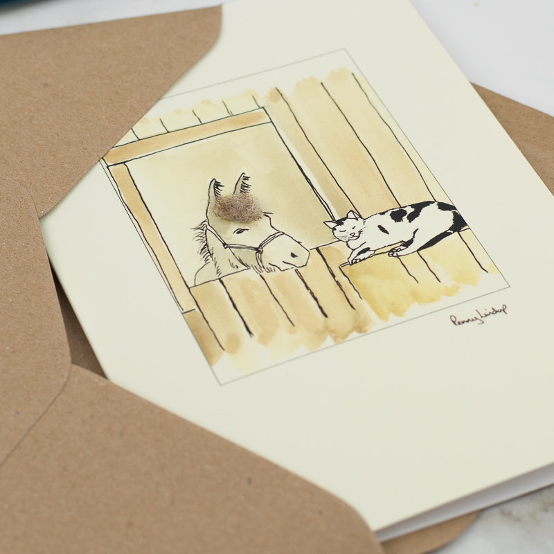 Cat & Donkey In Stable greetings card
