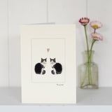 Cats in love greetings card - Black and White Cats with Heart