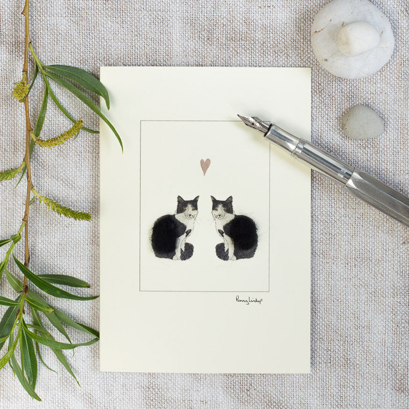 Cats in love greetings card - Black and White Cats with Heart