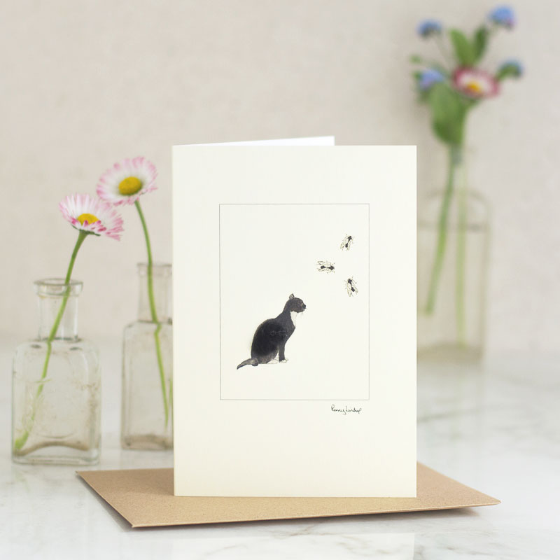 Cat Black & white watching flies greetings card