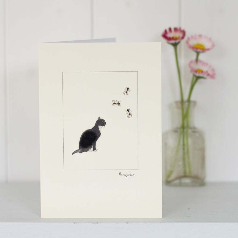 Cat Black & white watching flies greetings card