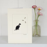 Cat Black & white watching flies greetings card