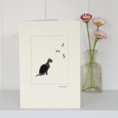Cat Black & white watching flies greetings card
