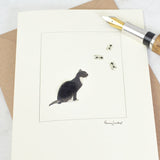 Cat Black & white watching flies greetings card