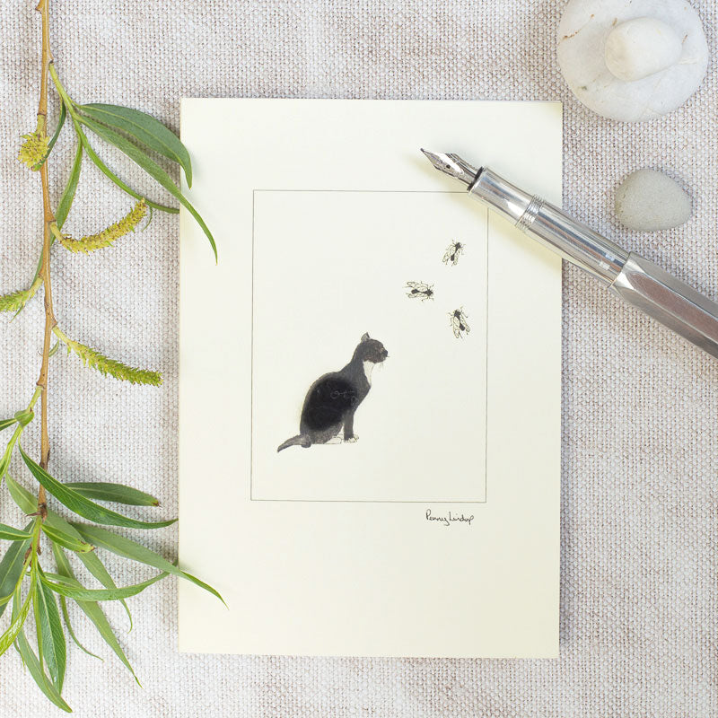 Cat Black & white watching flies greetings card