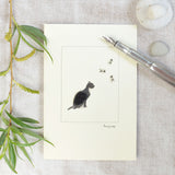 Cat Black & white watching flies greetings card