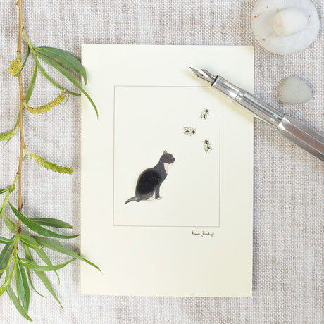 Cat Black & white watching flies greetings card